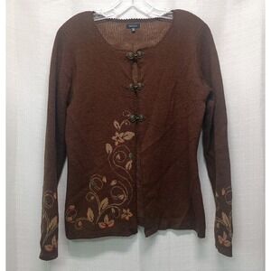 Novica Alpaca Cardigan Brown Embroidered Floral Women M‎ Metal Hardware Boho